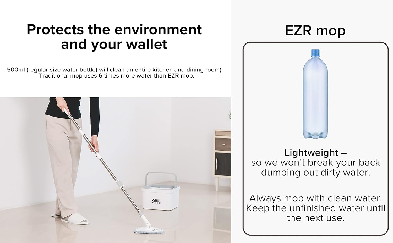 Mop and Bucket with Wringer Set - Triangle Mop Set in Gray-White for Hardwood Laminate Tile with Separate Dirty Water Filtration System - Hand-Free Cordless Mop