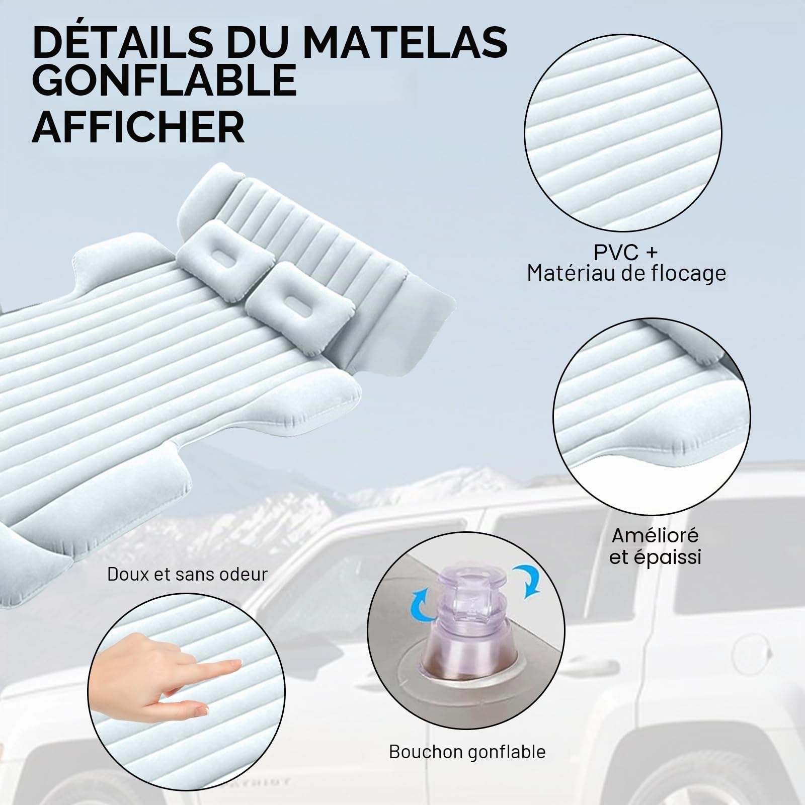 Matelas gonflable de voiture avec deux coussins, matelas de camping pour coffre de voiture, matelas isolant auto-gonflant pour 2 à 3 personnes, matelas gonflable combiné, 184 x 122 x 15 cm,