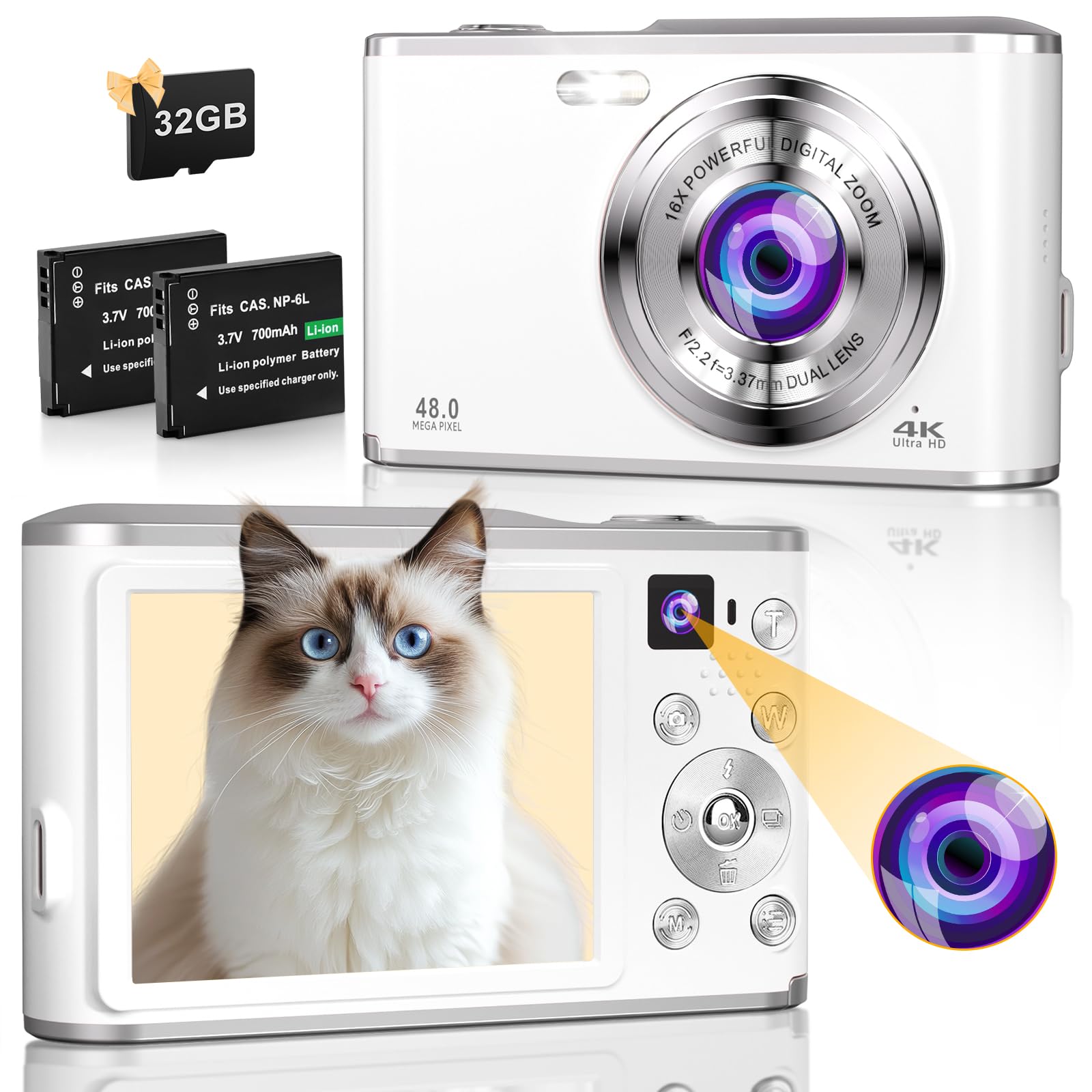 Fotocamera Digitale 4K 48MP Con Scheda 32GB E Doppia Fotocamera – Schermo 2.8", Zoom 16x, Autofocus, Flash E Batteria Doppia Per Principianti (Bianca)