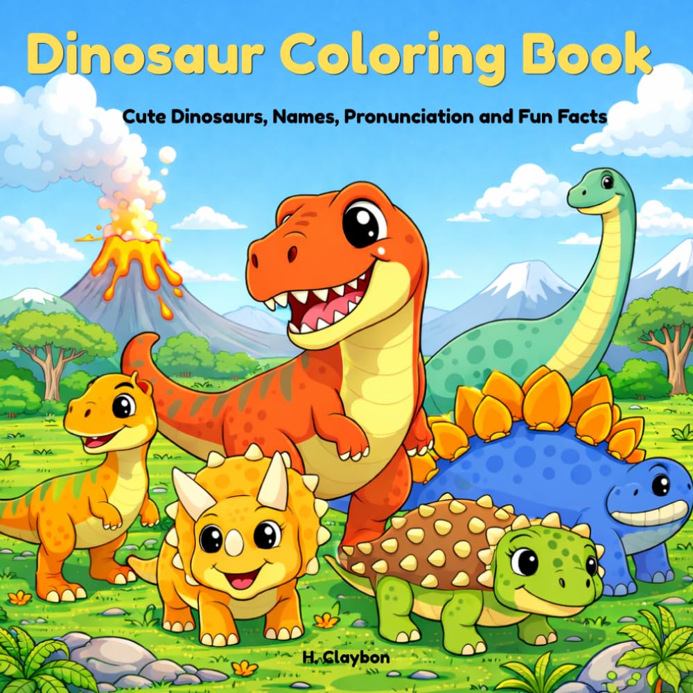 Dinosaur Coloring Book for Kids: Cute Dinosaurs, Names, Pronunciation, and Fun Facts | Prehistoric Coloring Pages for Ages 4–8