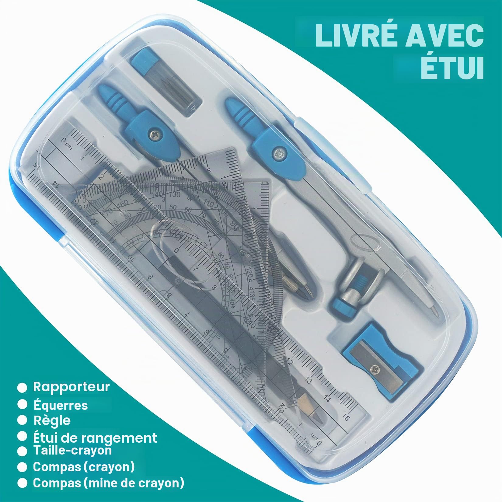 Akuoly Ensembles de géométrie Dessin Compas, Règles, rapporteur, pour étudiants, Kit de géométrie mathématiques, Bleu