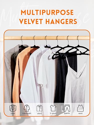 Miniatura 2 de HOUSE DAY Perchas de terciopelo negro, paquete de 60 perchas de fieltro de lujo antideslizantes, perchas negras que ahorran espacio, colgador