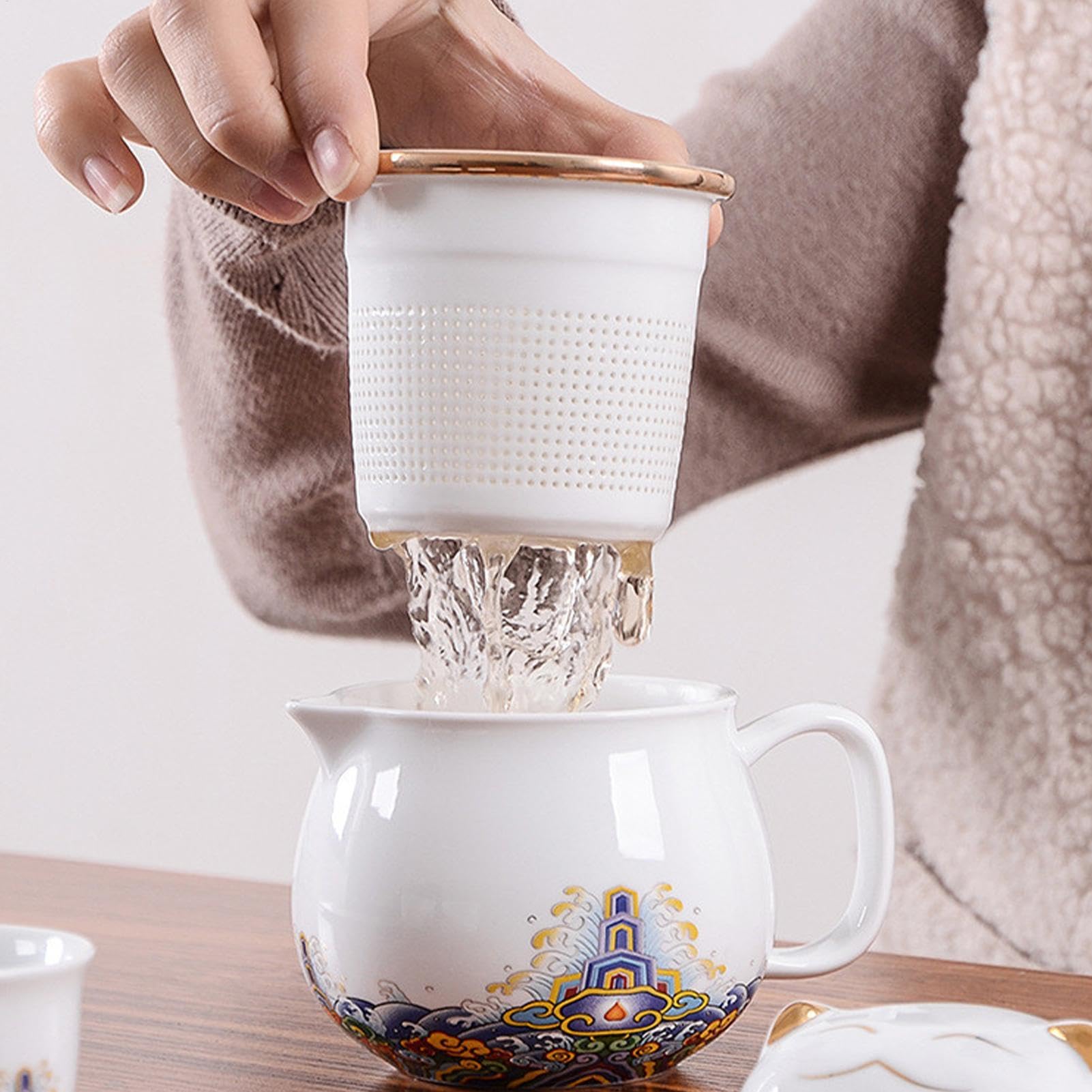 Set Teiera Con Tazze Tazze Da Tè In Porcellana, Colino A Maglia Fine | Set Tazze Da Tè Adatto Per Uso Domestico, Picnic All'Aperto E