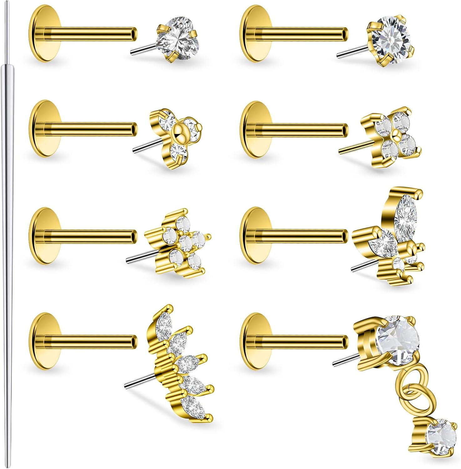 18K Gold Plated 20G 18G 16G Threadless Flat Back Earrings Studs Surgical Stainless Steel Push In Nose Rings Studs Tragus Forward Helix Conch Cartilage Earrings Piercing Jewelry For Women Men