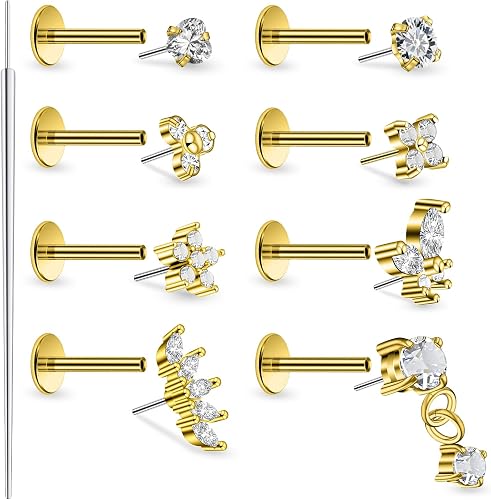 Lsnevsie 20G 18K Gold Plated Threadless Flat Back Earrings Studs Surgical Stainl