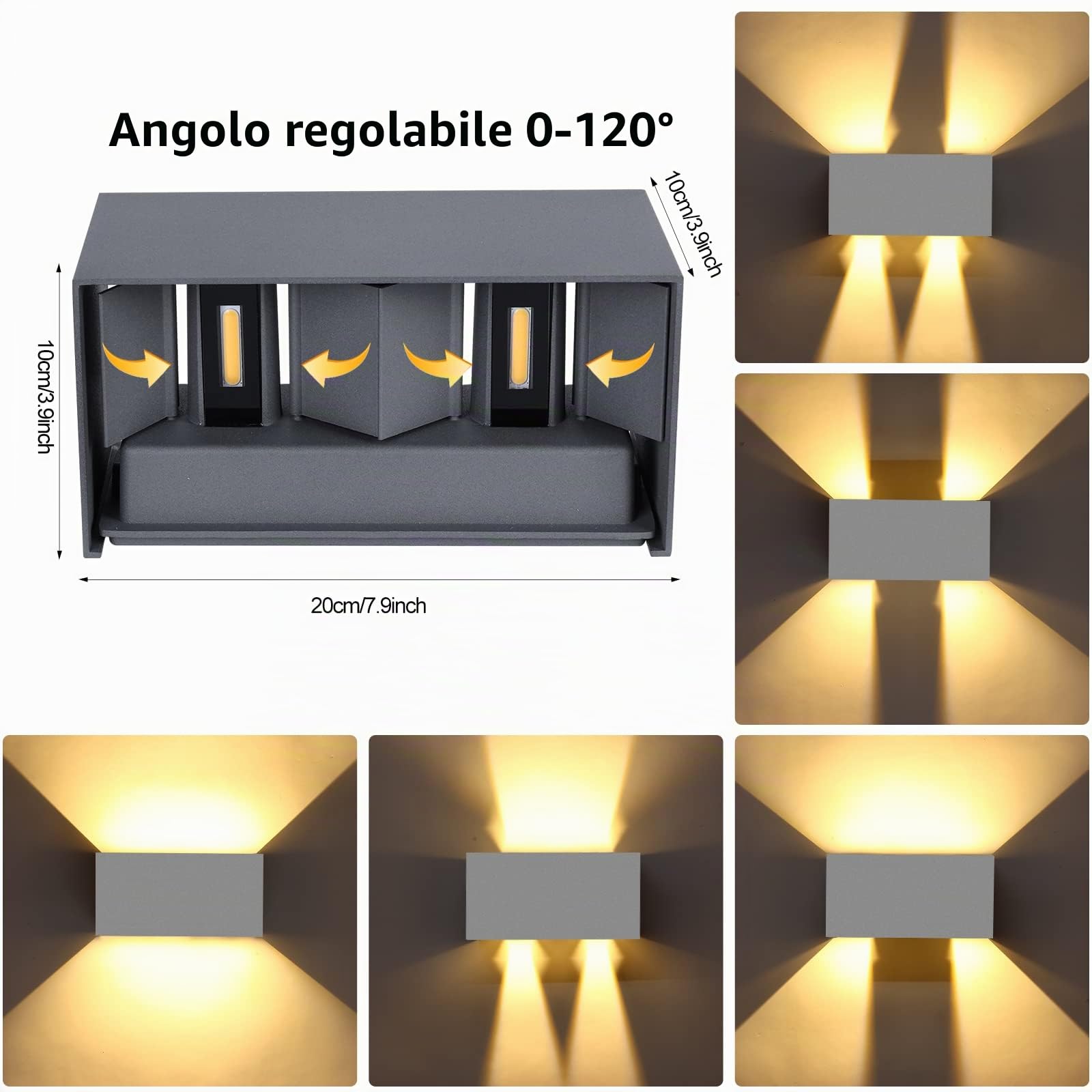 ZIKEY 24W LED Moderno Applique da Parete, Interno/Esterno Lampada da Parete Angolo del Fascio Regolabile, Bianco Caldo 3000K Applique Muro IP65 Impermeabile, Grigio