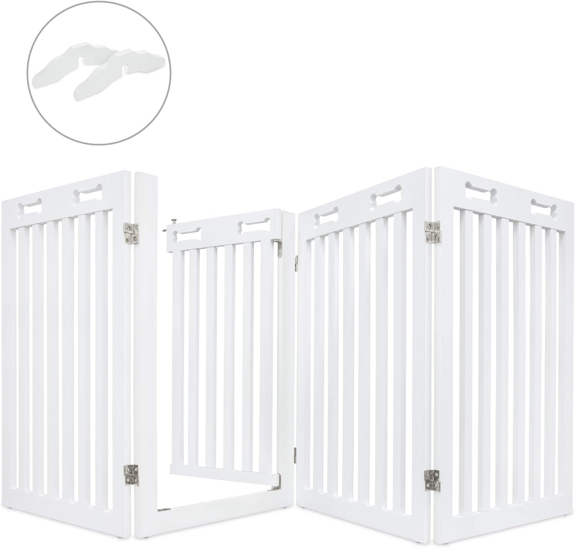 Arf Pets Freestanding Dog Gate with Door, 4 Panel 360° configurable Wooden White Fence, 80" Wide, 31.5" Tall, Foldable, Set of Foot Supporters Included, for The House - Indoor Use