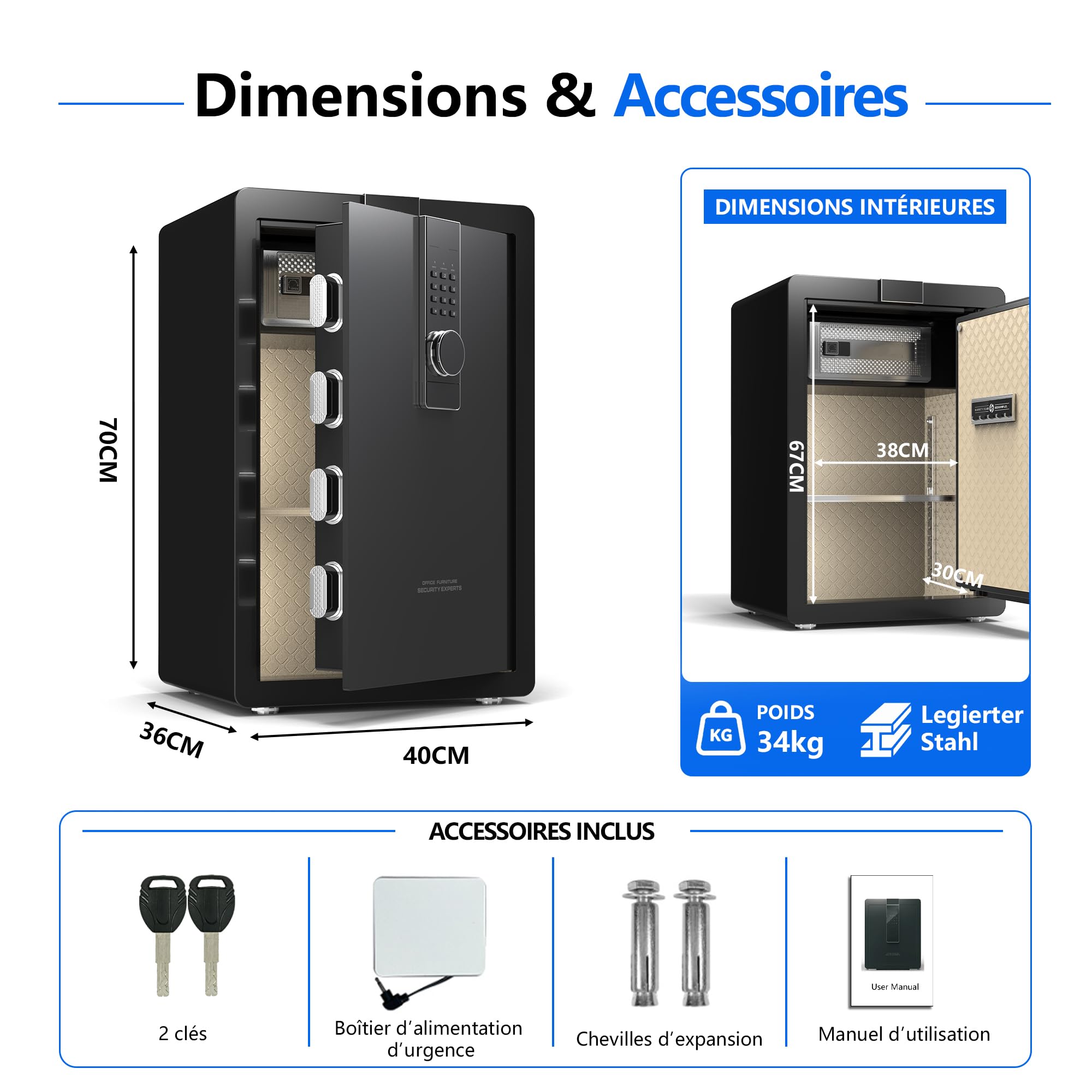 34KG Lourd Coffre Fort en Acier, 100L Coffre-fort Électronique avec Digitale Code et Clé, pour Maison et Bureau, Idéal pour Bijoux, Argent et Documents A4, Notice en Français (Blanc,100L)