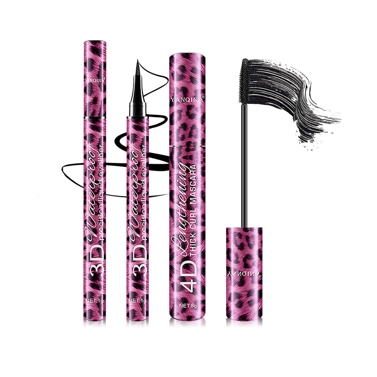 AzoneeMascara Black Liquid Eyeliner Set, 4D Silk Fiber Mascara Black Volume and Length Waterproof Eyeliner, Long Lasting Eye Liner Pencil Telescopic for Eye Makeup Sets for Women