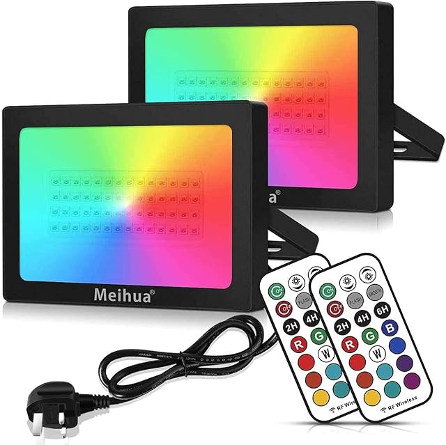 MEIHUA 60W RGB Flood Lights Outdoor, 360° RF Remote Control Garden Lights Timing and Memory Function Color Changing Led Floodlights for Christmas Halloween Outdoor Decoration Stage Lights Pack of 2