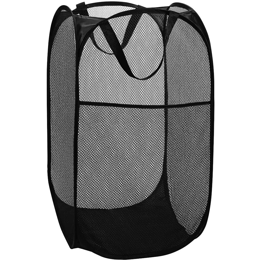 BATTOOStrong Mesh Pop-up Laundry Hamper Basket with Side Pocket for Laundry Room, Bathroom, Kids Room, College Dorm or Travel 1 pack Black SB002