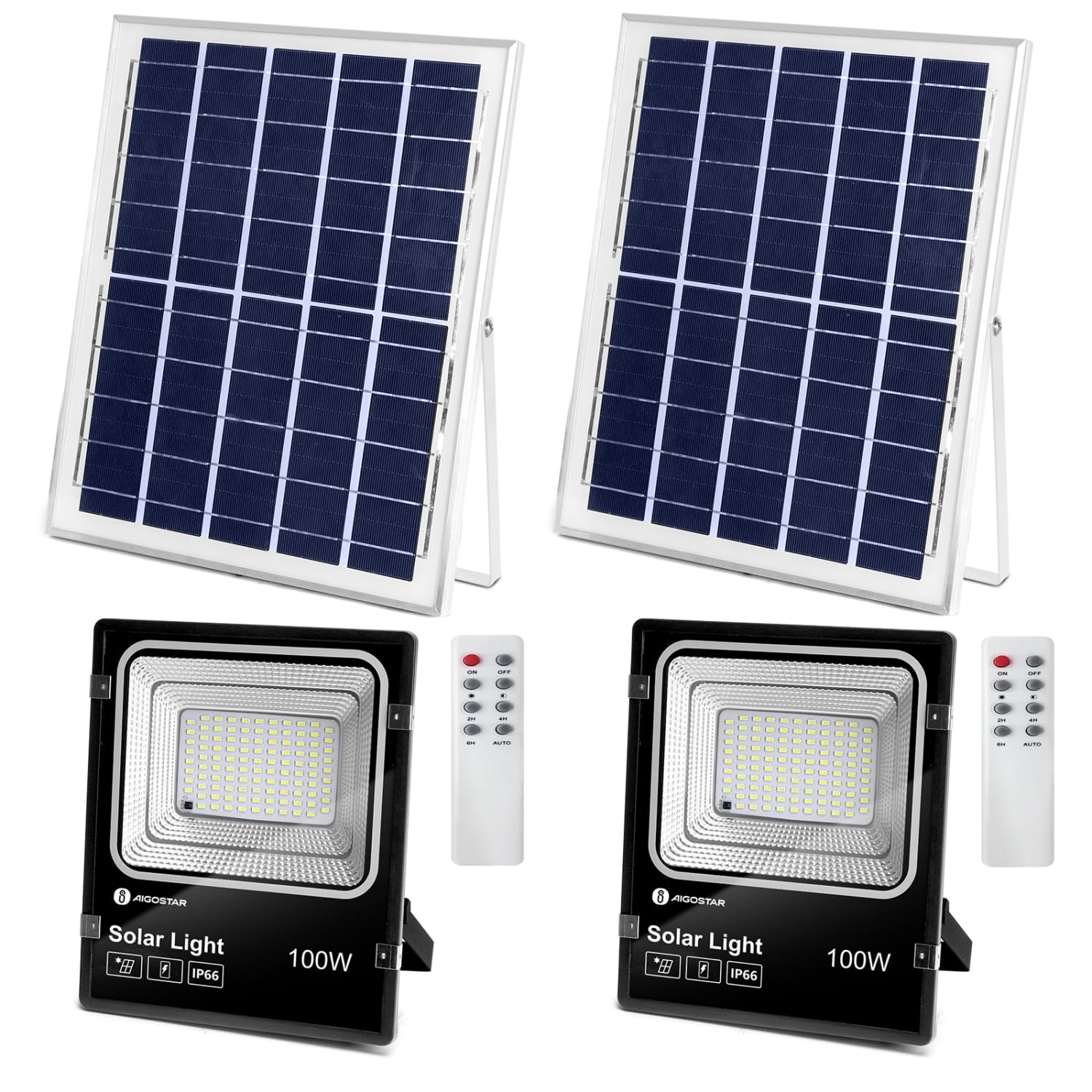 Aigostar-Foco proyector LED solar con mando a distancia，100W，6500K luz blanca.Resistente al agua IP66.Perfectos para interior y exterior jardín，patios，caminos o garajes，Longitud de cable 2M，2 Piezas