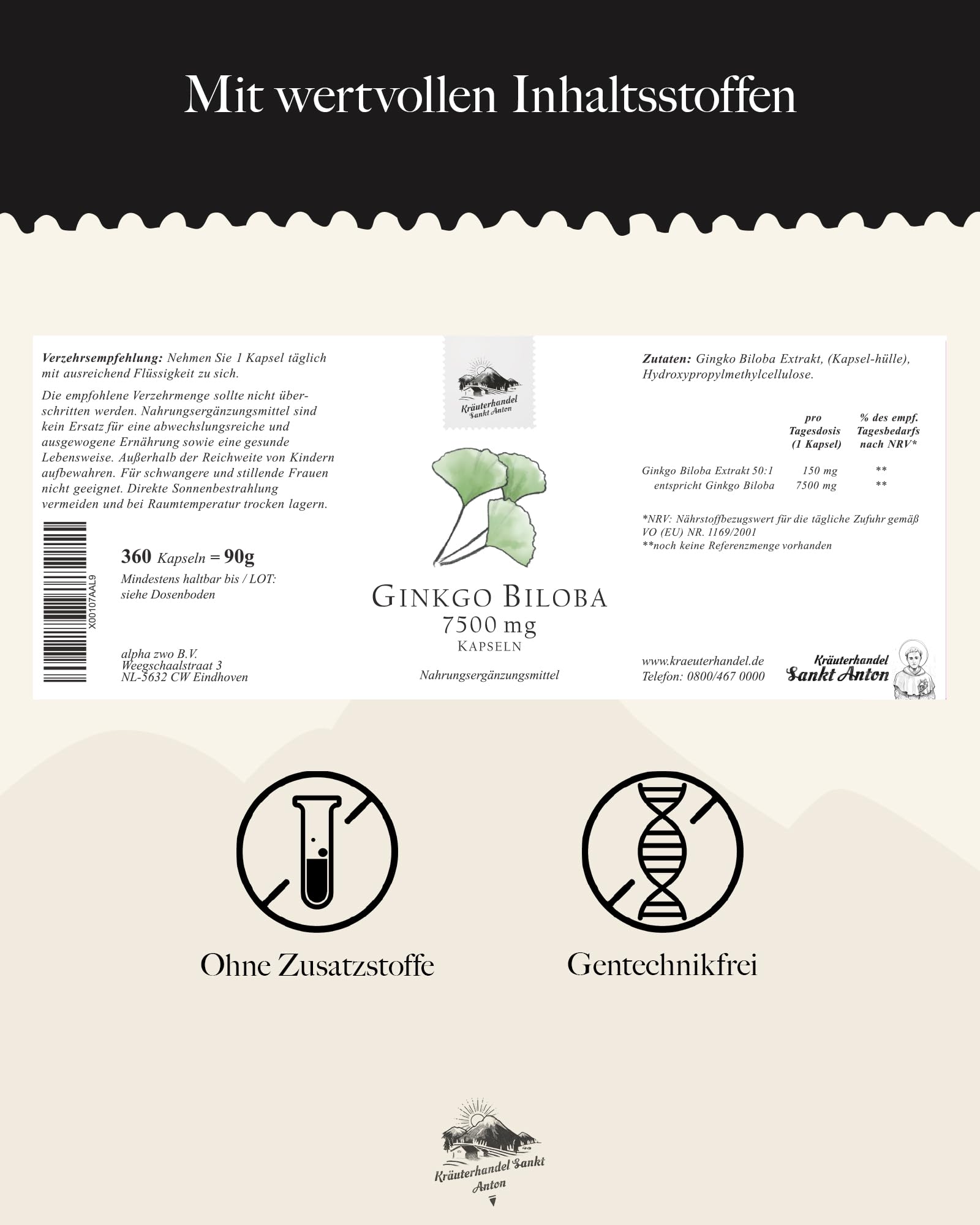 KRÄUTERHANDEL SANKT ANTON® - Ginkgo Biloba 7.500 Supra Kapseln - Hochdosiert - Laborgeprüft - Deutsche Premium Qualität (360 Kapseln)
