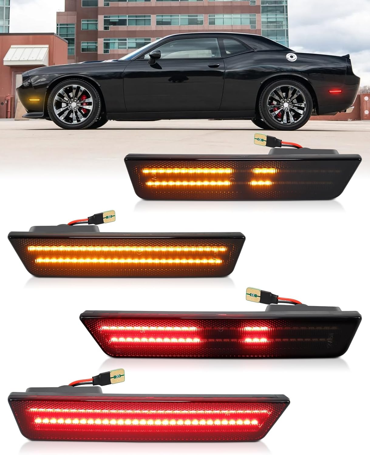 Dynamic Amber Red LED Side Marker Lights Compatible for Dodge Challenger 2008 2009 2010 2011 2012 2013 2014, Front & Rear Bumper Parking Lamps, Smoked Lens 4PCS