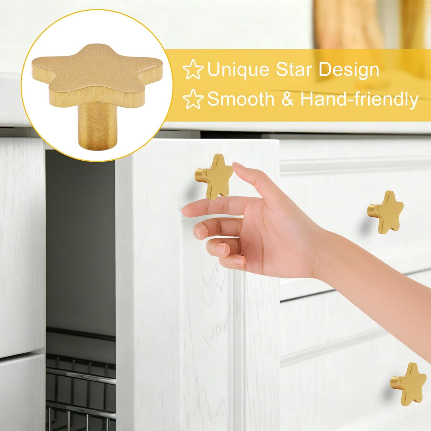 6 PCS Brass Star Cabinet Knobs, Antique Solid Brass Drawer Pulls, Brushed Gold Star Handle with 12 Screws for Kitchen Bathroom Cupboard Dresser Chest Furniture
