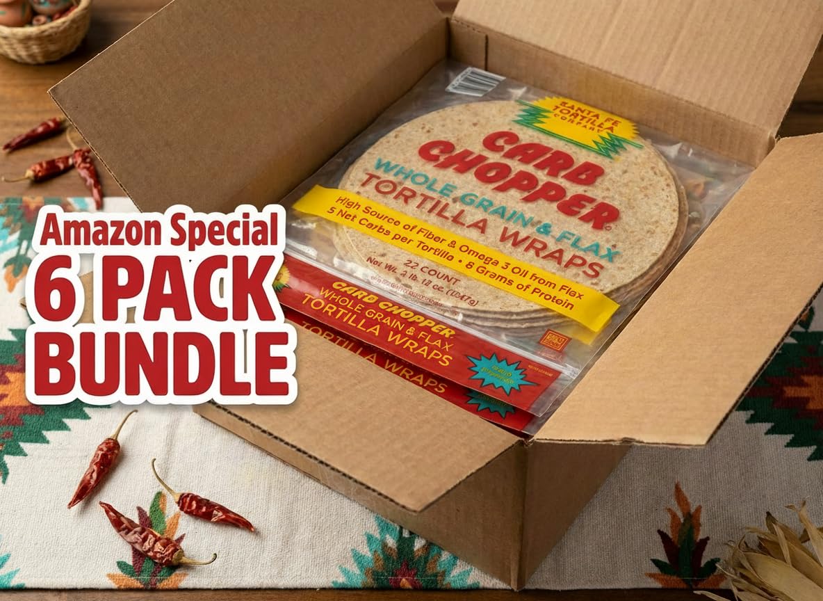 Santa Fe Tortilla Company Carb Chopper 9in Keto-Friendly Low-Carb Tortilla Wraps (22ct) - 5 Net Carbs, 100 Calories, 8g Fiber & Protein, 100% Whole Grain & Flax, Vegan, Heart-Healthy, No Trans Fats, Aluminum-Free, Kosher Certified, USA Made, Resealable Freshness 6-Pack Bundle