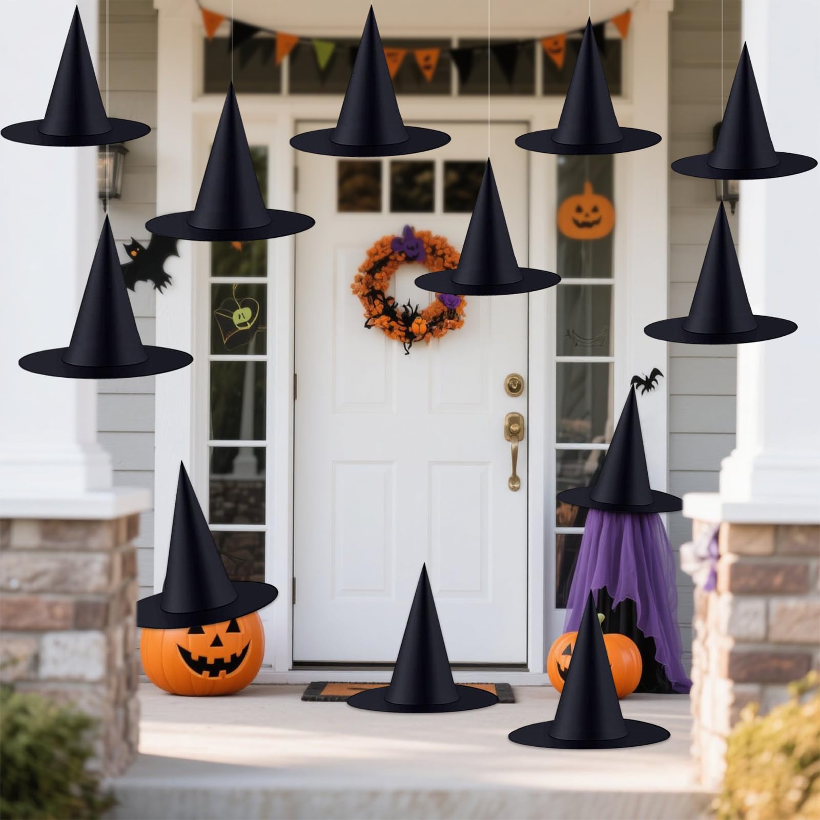 Halatool 12 Pieces Witch Hats Halloween Party Favors, Indoor Outdoor Costume Accessories Hanging Black Witch Hat with 99 Feet Hanging Rope for Halloween Party Decoration