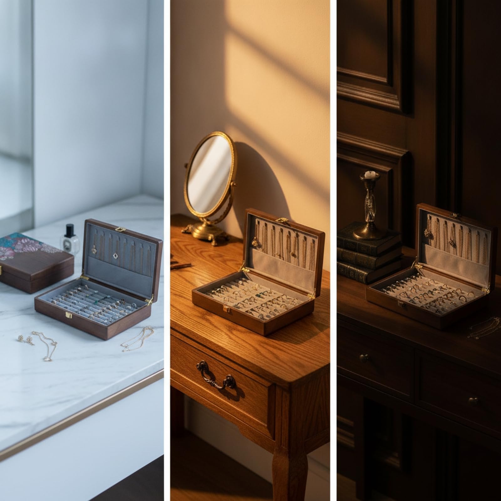 Joyero de Madera Caja Organizadora Estuche con Tapa de y Cierre Metálico Interior con Ranuras para Anillos Ganchos para Collares y Compartimentos, style to 1