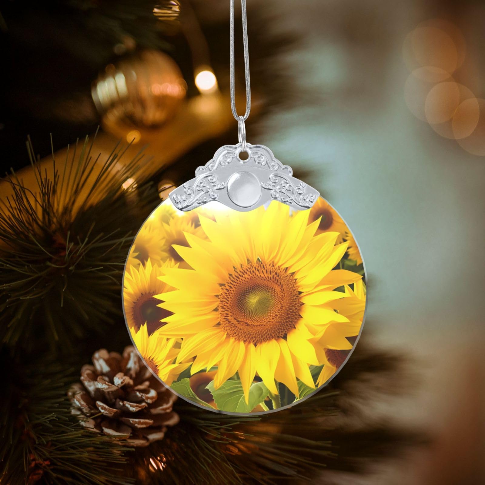 Crystal Christmas Ornaments for Christmas Tree Decoration Hanging Sunflowers Ornament with Gold Ribbon Crafts Round Pendant for Keepsake Gifts Glass Xmas Decor Party Supplies