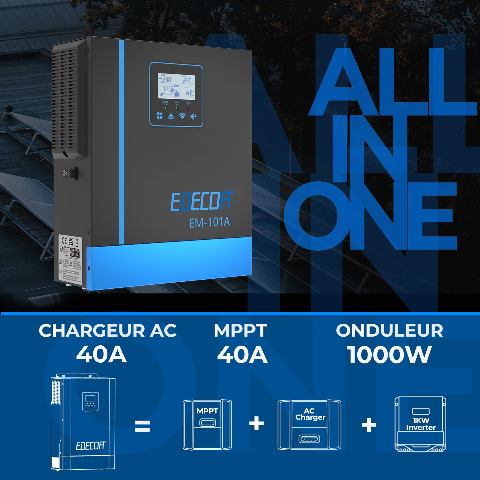 EDECOA Inversor híbrido 12v 1000w 220v 230v 1000VA, Cargador Solar MPPT 40A Onda Pura 20-150Vdc Off-Grid BMS Comunicación Cargador de batería Prioridad de Red Regulador de Carga Solar