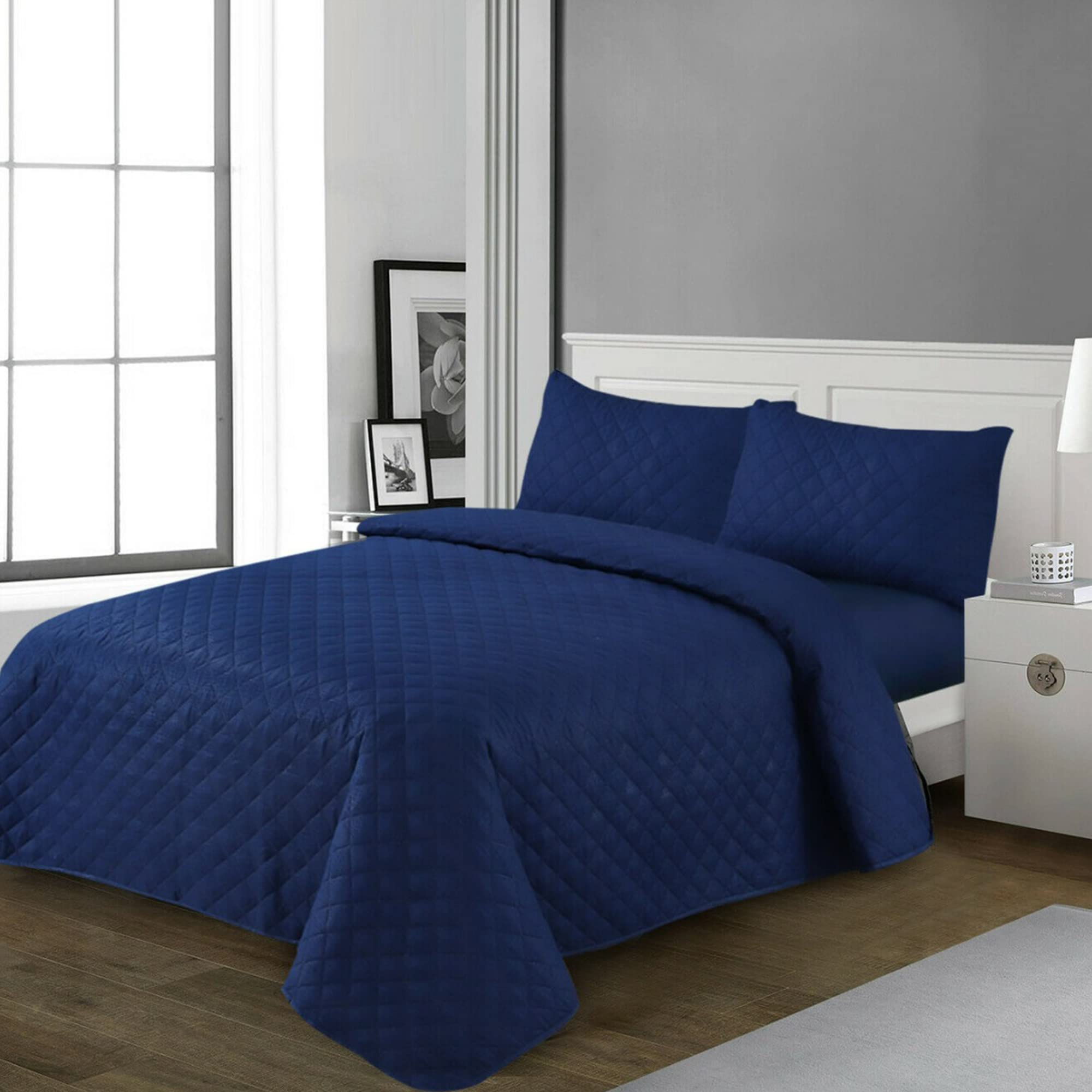 FEEUM, 3pcs Embossed Quilted Bedspread Set Bed Throw Comforter, 3pcs Bedspread Bedding Set, Unique & Contemporary Design, Bedroom Decor And Reversible Coverlet (BLUE, SINGLE)