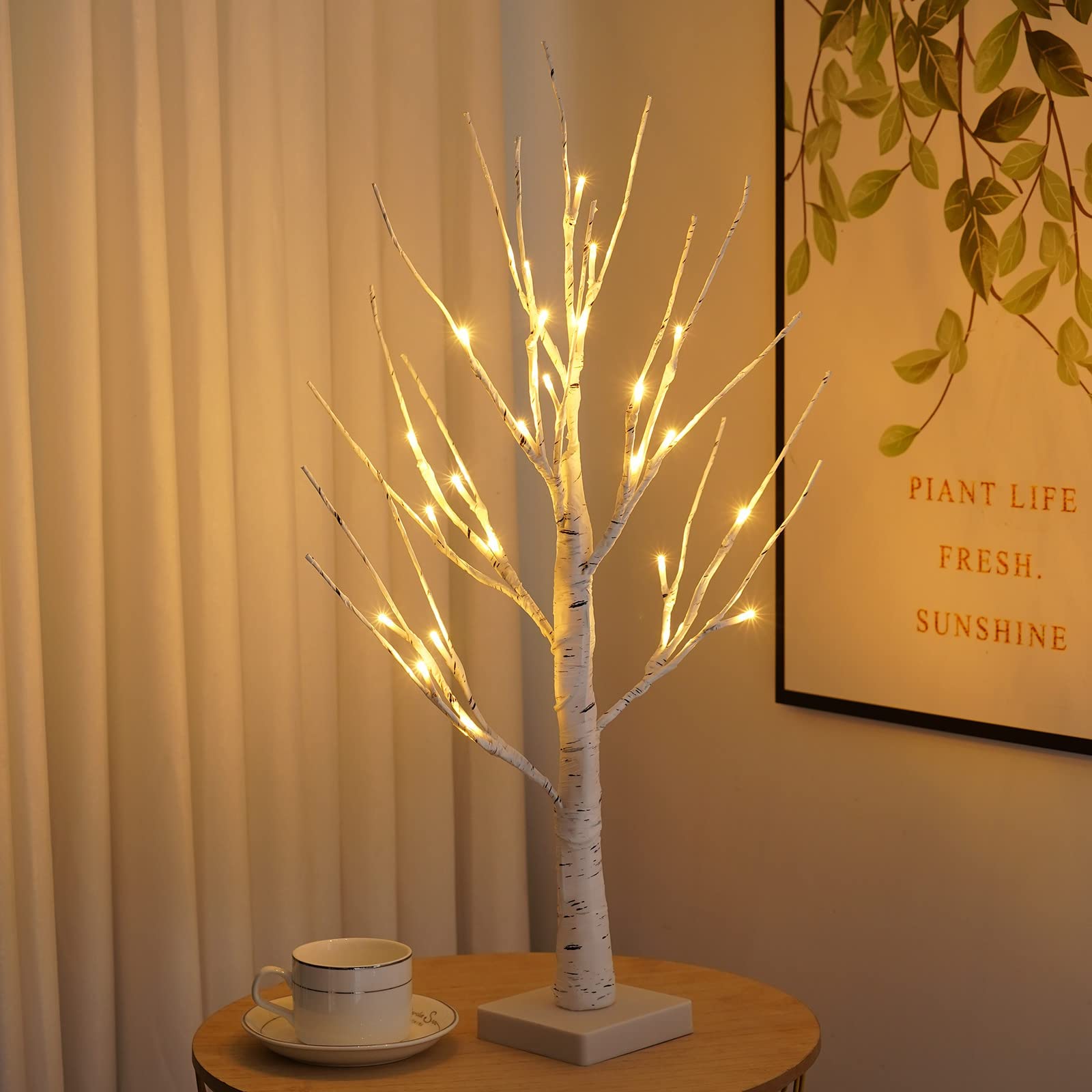 NXUEBDU 2FT 24LT Warm White Battery Operated Birch Tree LED Light with Timer Tabletop Tree Light Jewelry Holder Home Decor for Chritmas Birthday Wedding Party (24 LEDs Birch Tree)