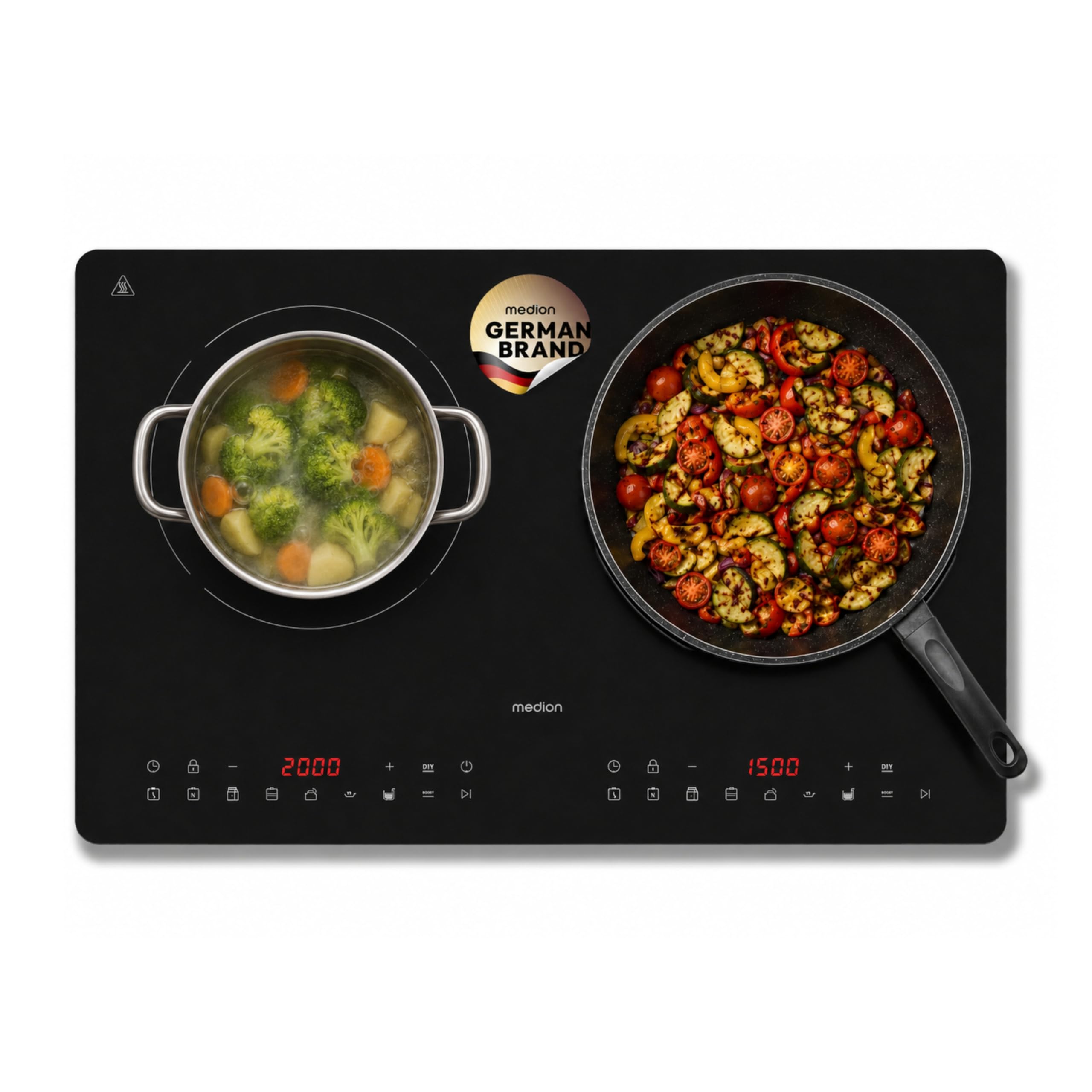MEDION IC20D Induktionskochplatte, 2 Platten Induktionskochfeld, extra flach, 3500 Watt, 2 Kochplatten, 8 Automatikprogrammen und DIY, LED Display, Touchbedienung, nahtlose Kristallglas-Oberfläche