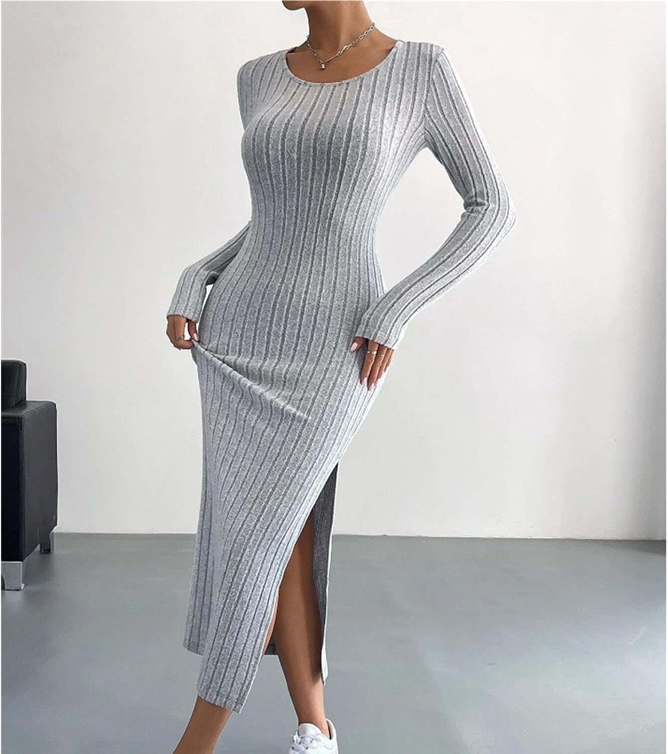 Women's Fall Long Sleeve Sweater Dress Casual Ribbed Knit Slim Fit Elegant Maxi Dresses Crew Neck Side Slit Bodycon