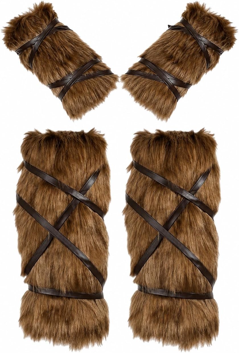 Costume Accessories Set Faux Fur Arm Leg Warmers Boot Covers Faux Leather Straps Crescent Moon Necklace Feather Earrings
