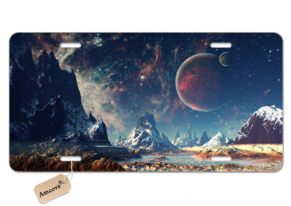 Amcove Planet with Earth Moon and Mountains Decorative Car Front License Plate,Vanity Tag,Metal Car Plate,Aluminum Novelty License Plate,6 X 12 Inch (4 Holes)
