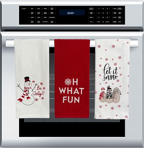Vista 150 de Serafina Home Toallas de cocina navideñas navideñas: dos muñecos de nieve Be Jolly espiga y un muñeco de nieve bailarín, 3 piezas, tejido plano 100%