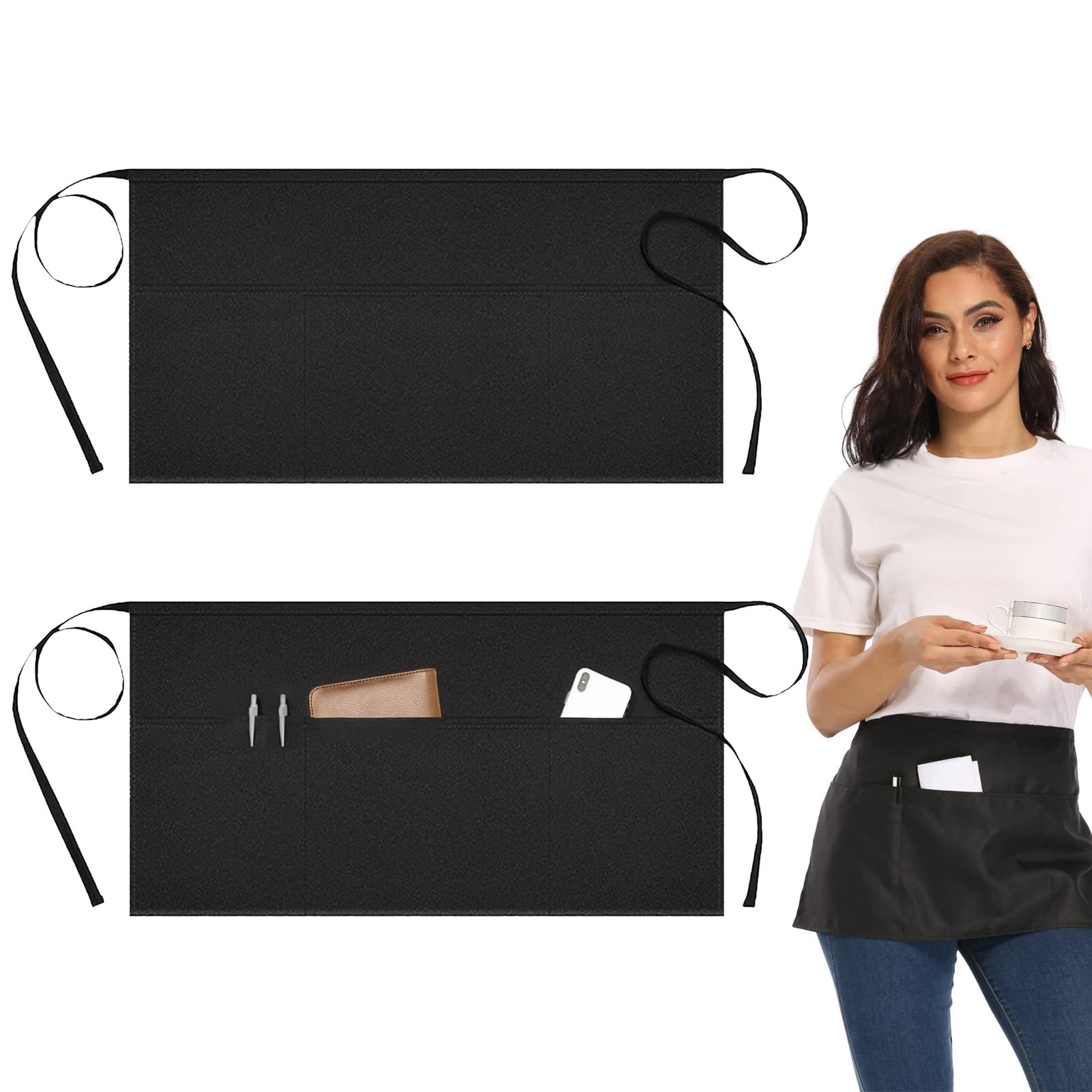 Asheyya Black 2 Pcs Waitress Apron With Pockets, Anti-Dirt Waist Apron For Home Kitchen Restaurant Work Chef Waiter Cooking Baking (2, )
