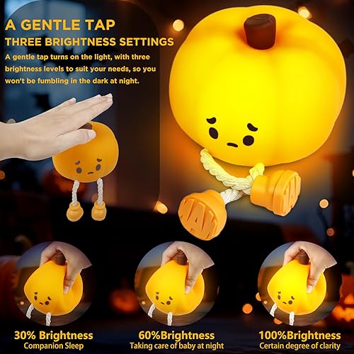 Vista 4 de Luz nocturna de calabaza, luz recargable regulable para bebé, luz nocturna de Halloween con temporizador, lámpara táctil suave y exprimible, bonita