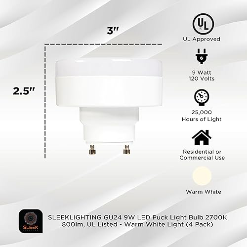 Miniatura 2 de SLEEKLIGHTING  11w-60Weq, base GU24 bombillas LED de 2 puntas, luz de disco, listado UL, 120 V, mini bloqueo giratorio, 2700 k-regulable, reemplaza