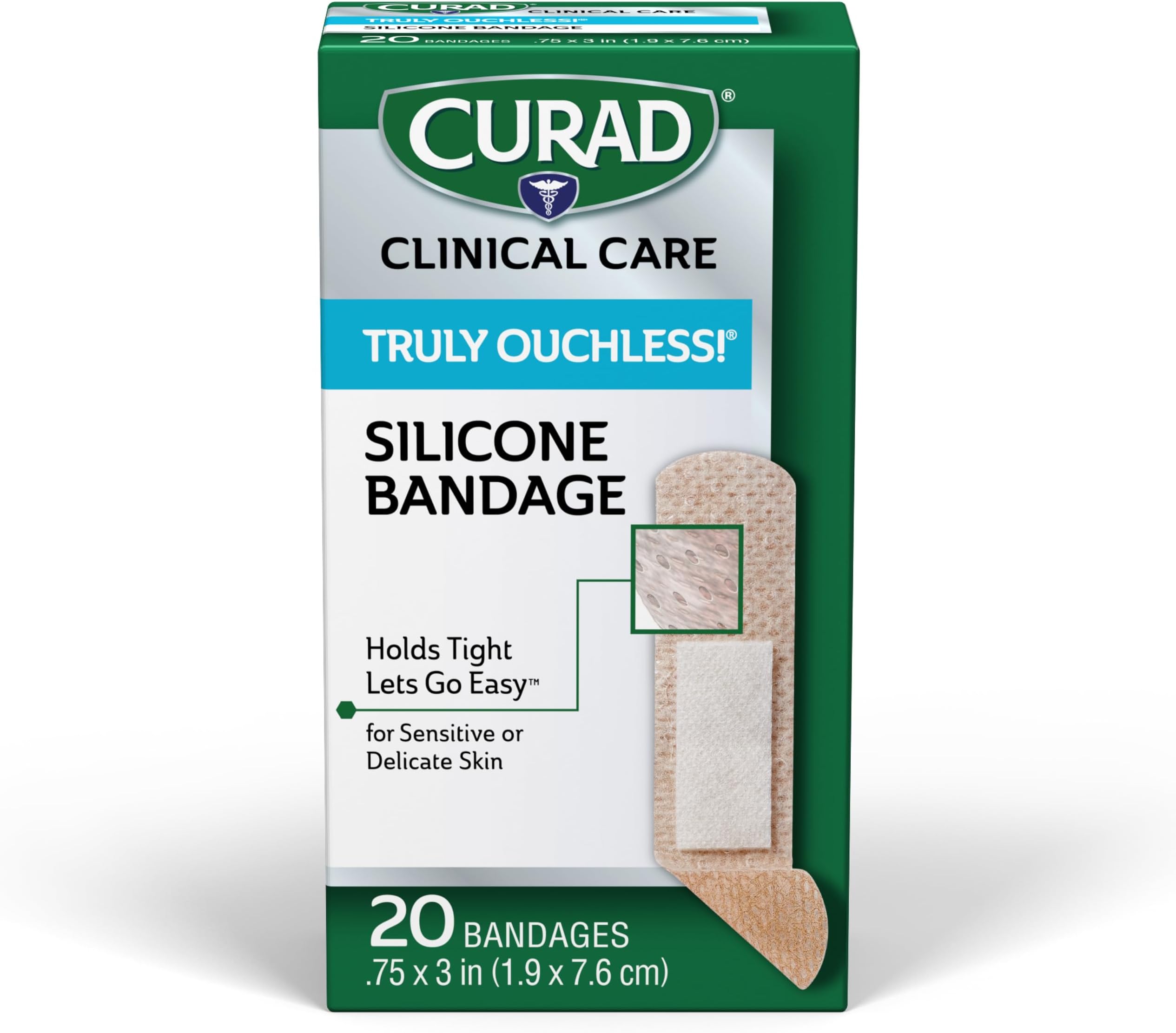 Curad Truly Ouchless Silicone Adhesive Bandages, 75 x 3in, 20 Count