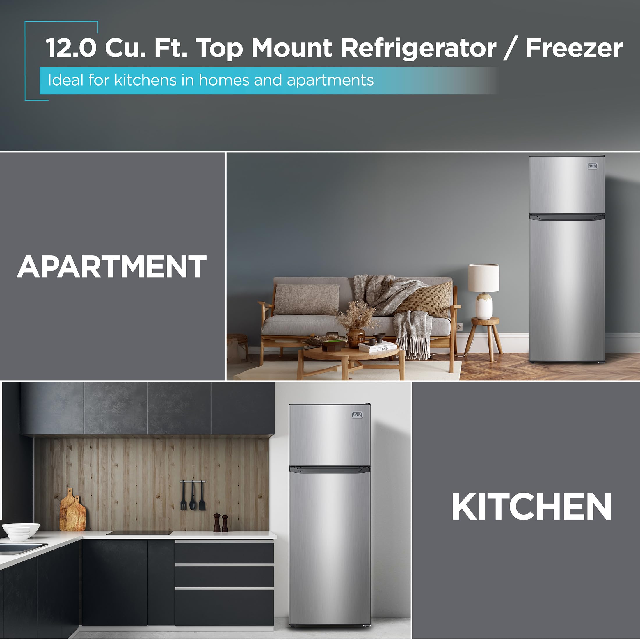BLACK+DECKER 12 Cu. Ft. Top Mount Refrigerator with Freezer, 2 Door Fridge with Top Freezer and Adjustable Temperature Control, For Homes and Apartments, BDA12GLAS, Stainless Steel Look on Fridge.com