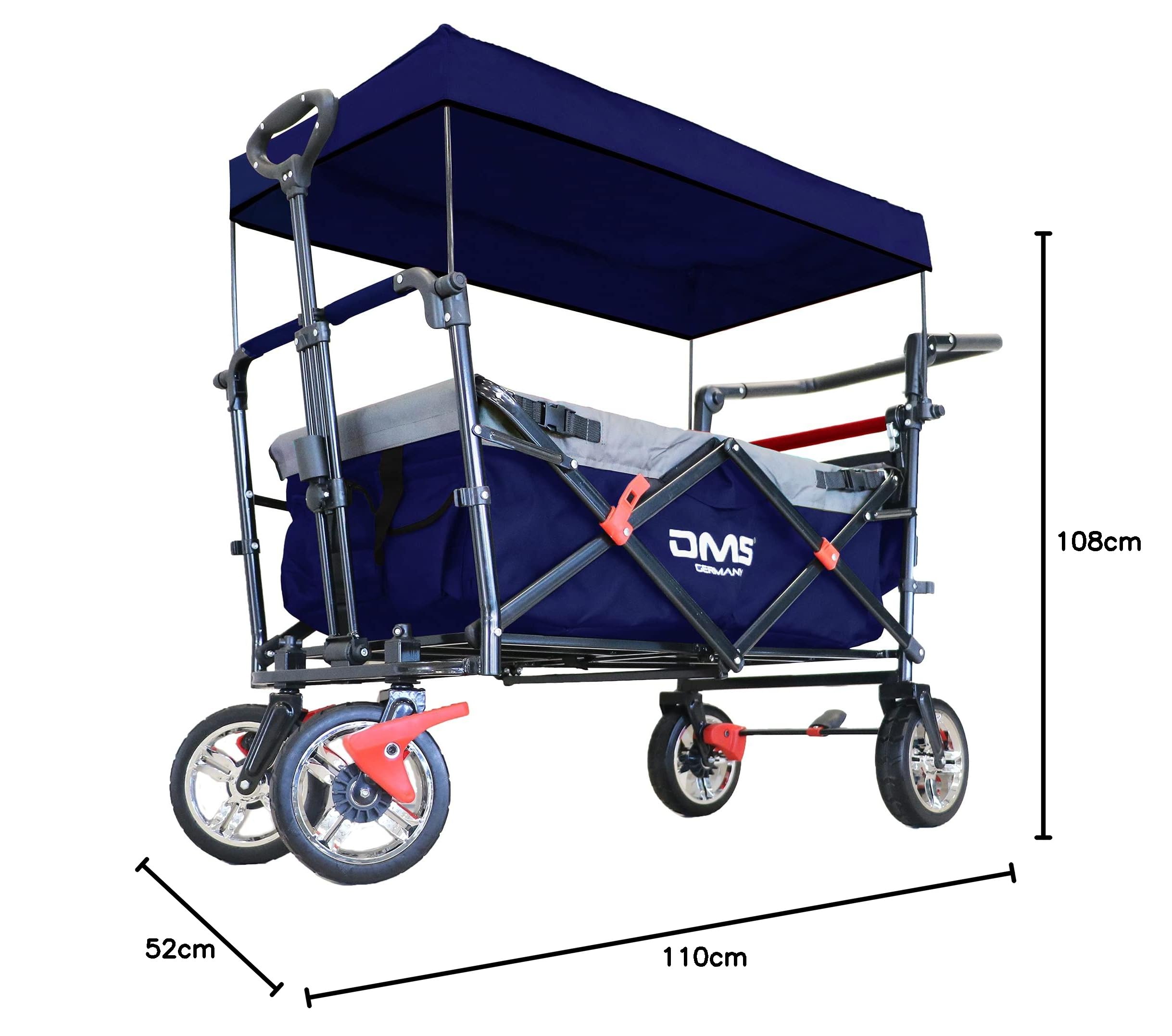 DMS BW-03B Chariot de transport pliable avec toit - Pneus en caoutchouc plein - Avec système de sonnerie pour enfants - Avec sac de transport et systèmes de freinage - Bleu
