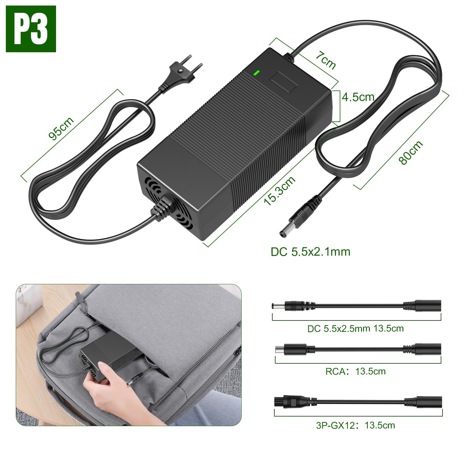 Caricatore per Monopattino Elettrico, Caricabatterie 42V 3A per Hoverboard, Caricatore per Batteria Monopattino 36V