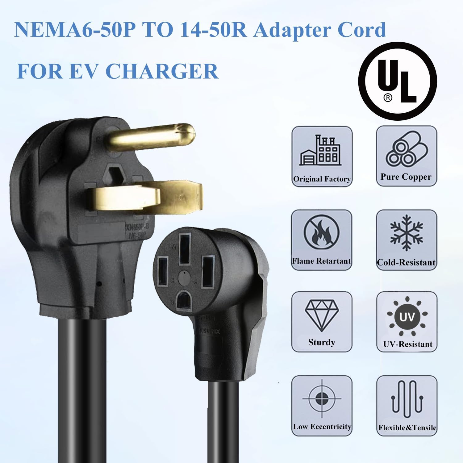 NEMA 6-50P to 14-50R EV Charger Adapter Cord - UL Certificate, 250V 3 Prong Dryer Outlet Male Plug to 50 Amp 4 Prong Female Connector, Heavy Duty Pure Copper Connector for Level 2 EV Charging