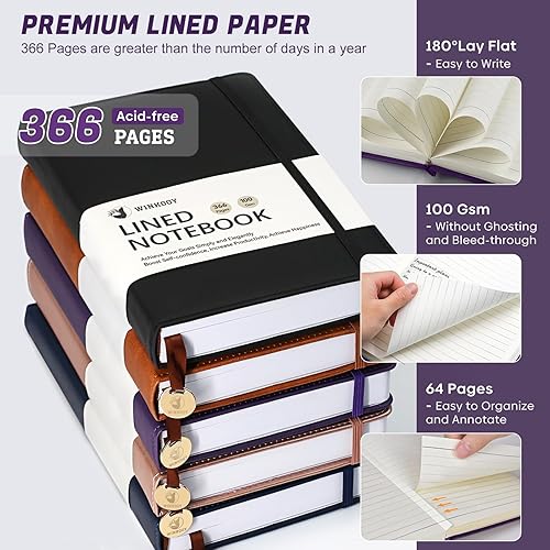 Miniatura 2 de Cuaderno de diario rayado, 366 páginas, diarios de tapa dura de cuero para escribir grueso A5, cuaderno clásico con rayas universitarias con lazo