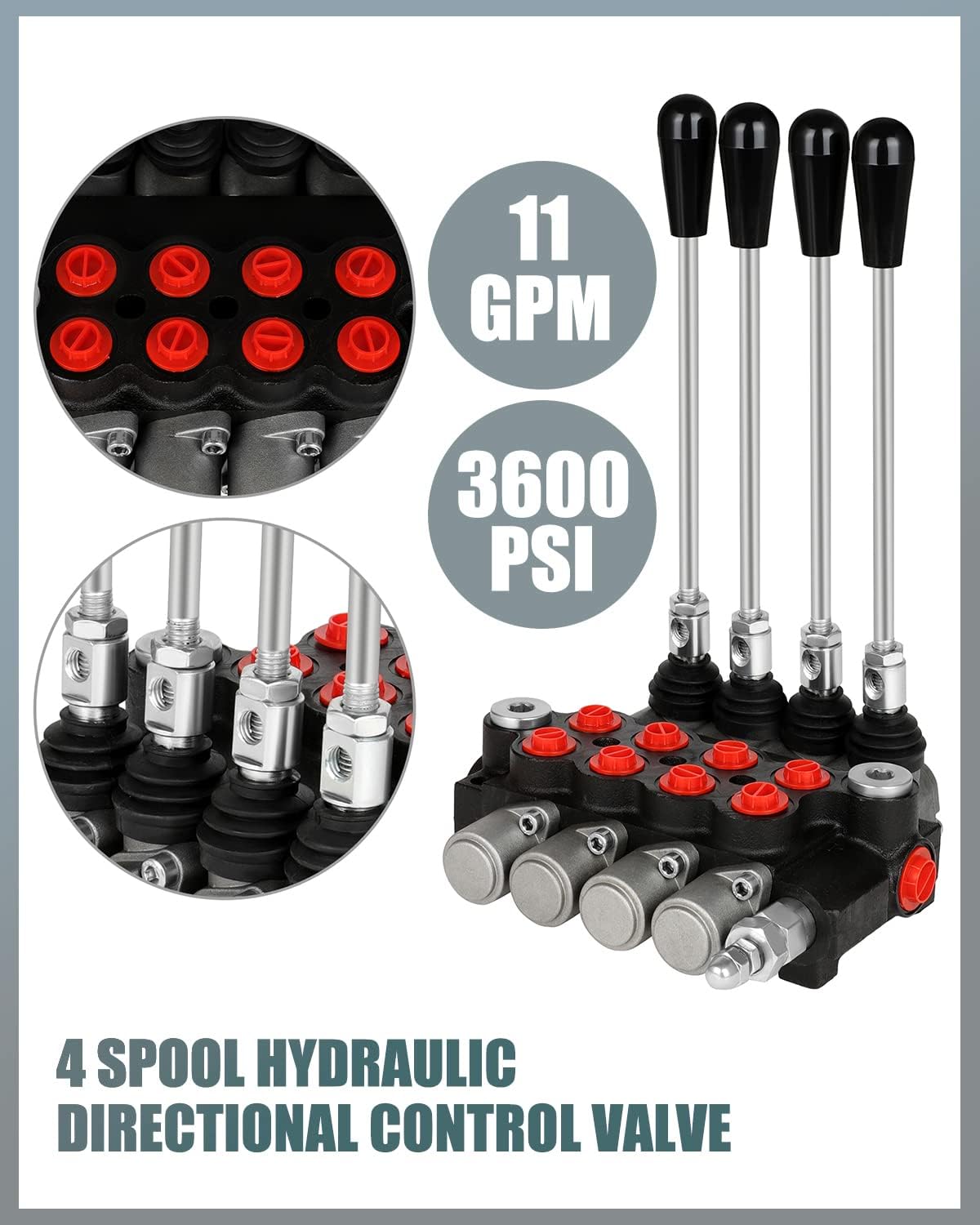 Hydraulic Flow Control Valve 4 Spool 11 GPM G Ports Adjustable Relief Lever Handle Double Acting Parallel Center Tractor Loader W/Joystick Small Tractors/Tanks Loaders Log Splitters