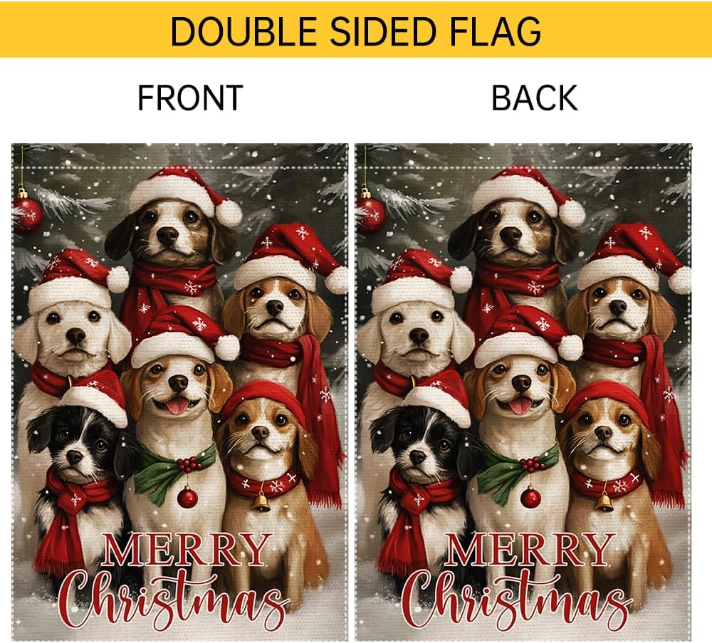 Christmas Garden Flag 12x18 Inch Double Sided Burlap Yard Decoration with Cute Dogs in Santa Hats Winter Snow Scene for Outdoor Holiday Seasonal Decor - Image 6