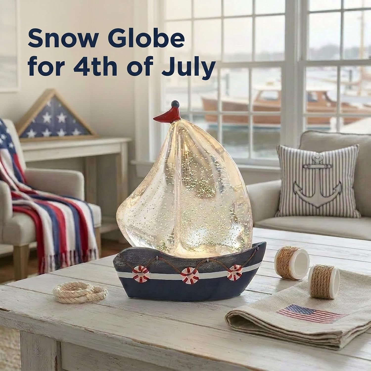 Patriotic Sailboat Snow Globe, 4th of July Decorations for Home, 6H Timer and USB & Battery Operated, Lighted Water Lantern with Swirling Glitter, Nautical Independence Day Decor, Tabletop Decoration