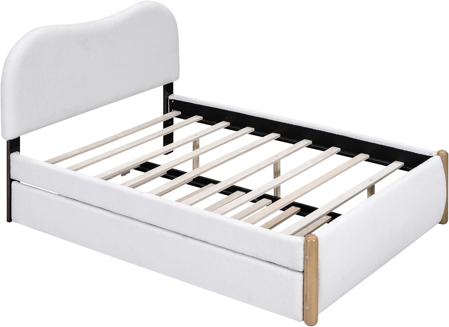 Full Size Bed Frame with Headboard, Upholstered Platform Bed Frame with Trundle, Wood Supporting Feet, No Box Spring Needed, Easy Assembly, Noise-Free, White