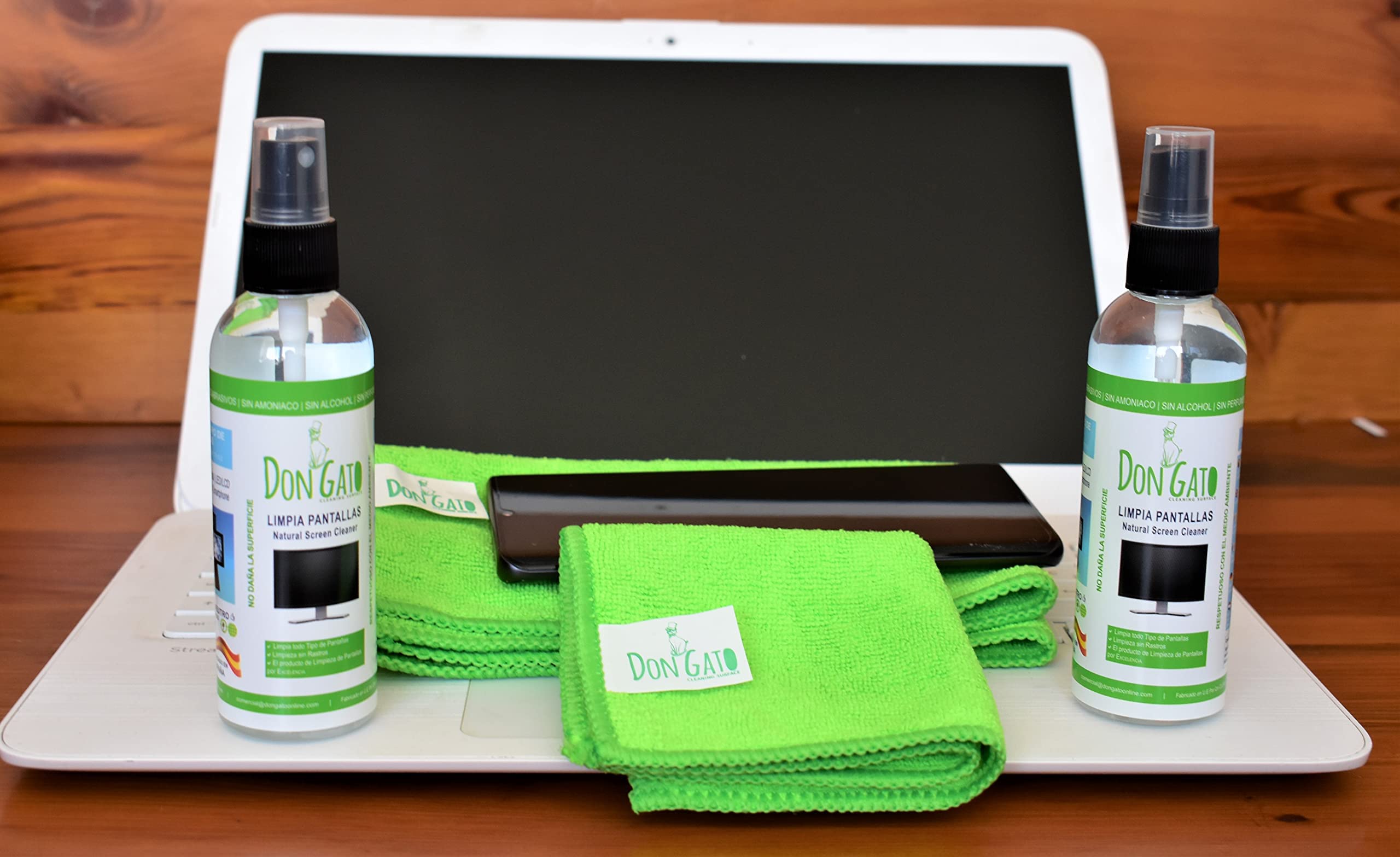 Don Gato – pulizia dello schermo (100ml x 2) + 2 panno in microfibra per TV, Tablet, Computer portatile, LCD, LED, telefono cellulare. Prodotti naturali e rispettoso dell'ambiente.
