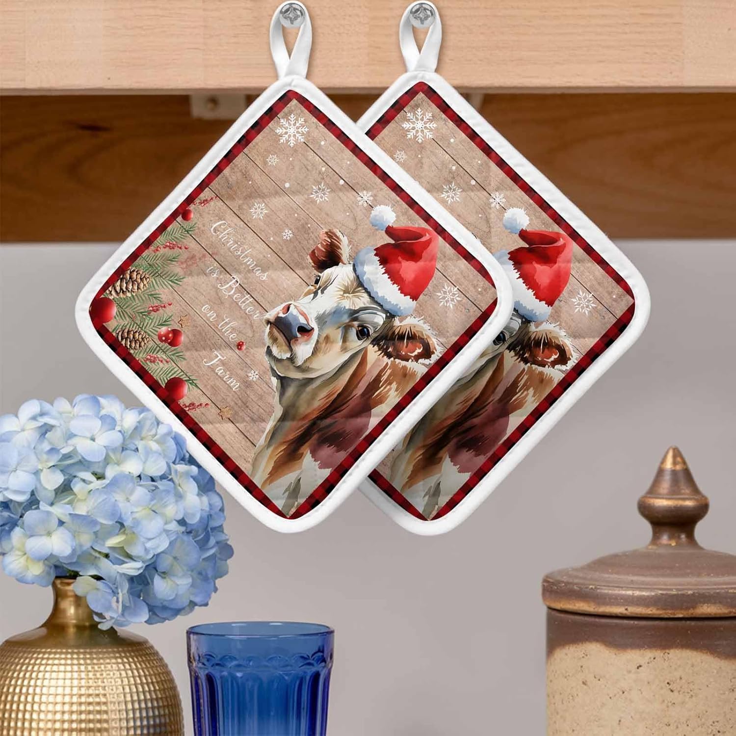 5 Pack Pot Holders for Kitchen, Red Christmas Hot Pads for Kitchen Countertops Oven Pot Holder Bulk, Cow Snowflake Red Plaid Farmhouse Wooden Winter Heat Insulation Potholders with Hanging Loops