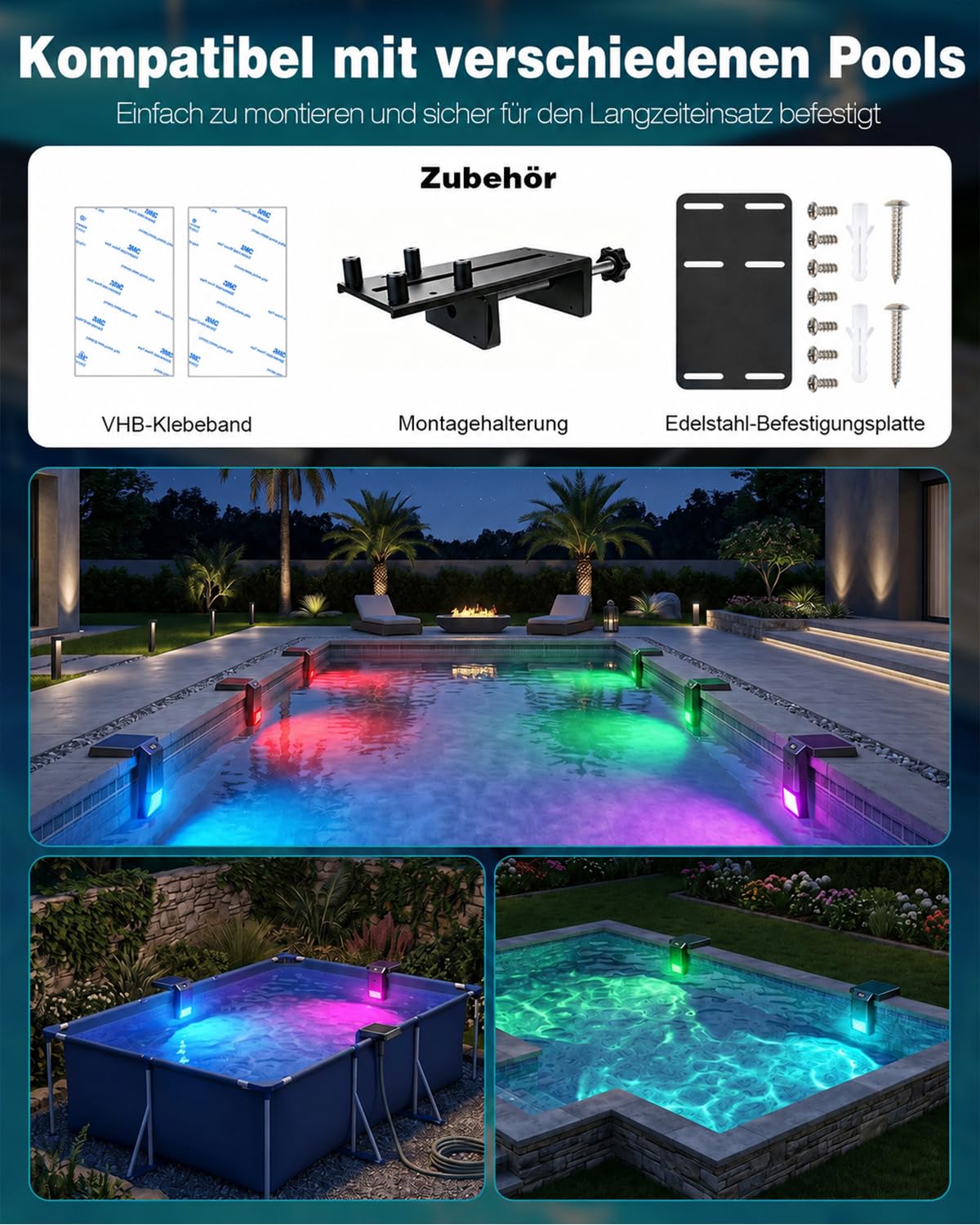 Teleskopierbar Poolbeleuchtung Solar mit Poolthermometer | RGB-Farbe, Einstellbare Helligkeit, Mit Fernbedienung, Unterwasser, Für verschiedene Poolarten