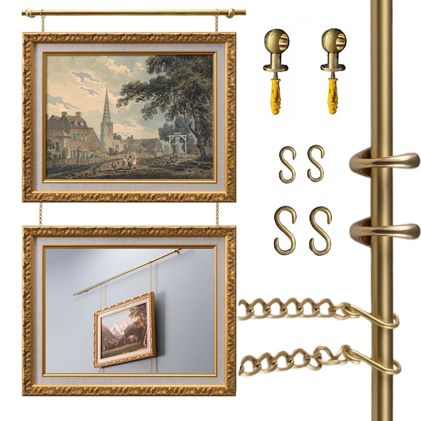 Sistema para colgar cuadros con cadenas y riel para exhibición de pared de galería y decoración artística de interiores