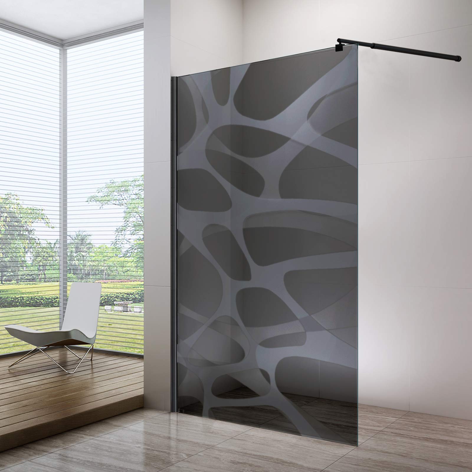 BERNSTEIN - Paroi de douche à l'italienne 200x140cm (HxL), modèle Wave en verre gris 10mm avec motifs opaques - Profil noir mat - EX101