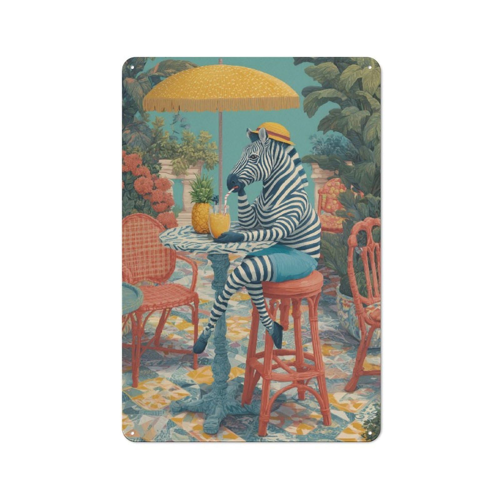 Junmoney Zebra's Tropical Chill Old Style Metal Wall Decor 30X20cm, Decorative Tin Plaque For Cafe, Pub, Workshop Or Home Bar